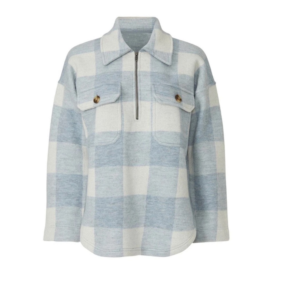Madewell Blue Plaid Buffalo Check Boiled Wool Half Zip Pullover Size XS